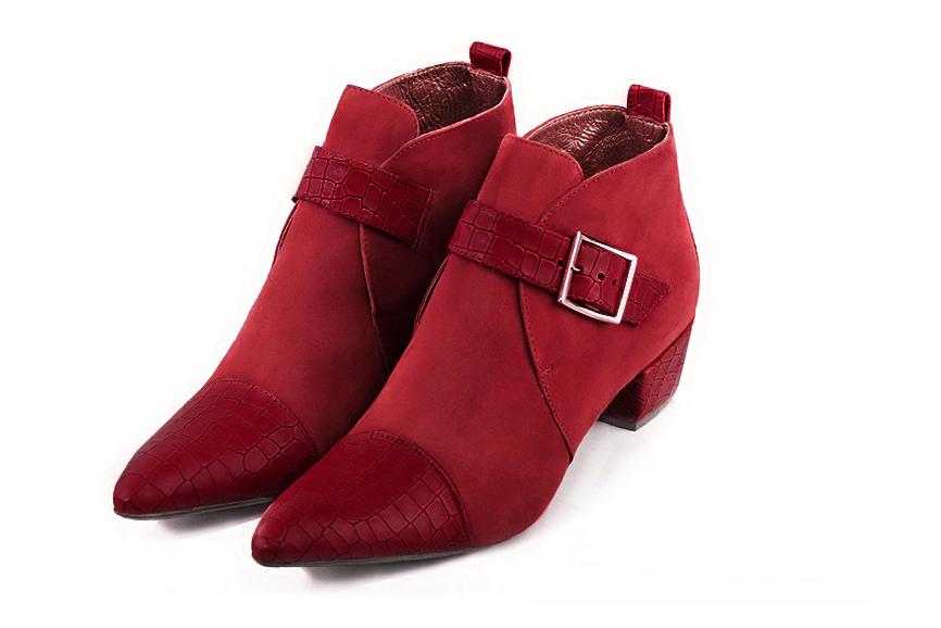Cardinal red women's ankle boots with buckles at the front. Tapered toe. Low cone heels. Front view - Florence KOOIJMAN